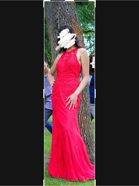 Splash Red Beaded Lace Evening Gown